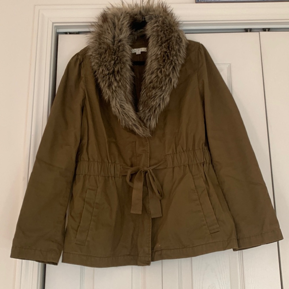 LOFT Utility Jacket with Removable Fur Collar, Color: Olive Green, Size: Large